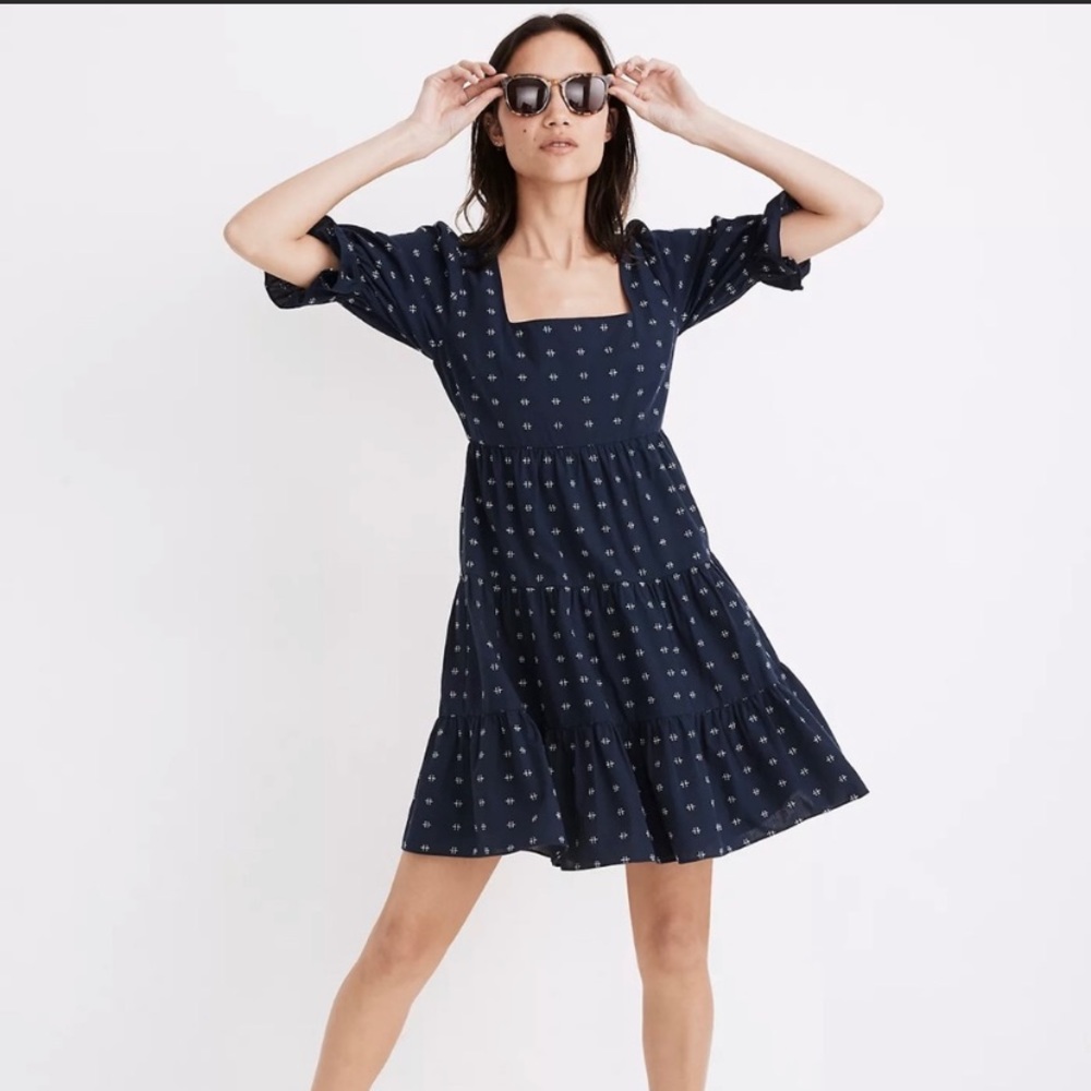 Madewell Square-Neck Puff-Sleeve Babydoll Dress size 2 Embroidered Navy